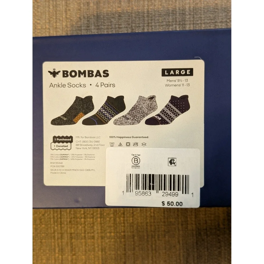 Bombas Ankle Socks 4 Pair Gift Box Set Mens 9.5-13 Womens 11-13 Fair Isle Multi